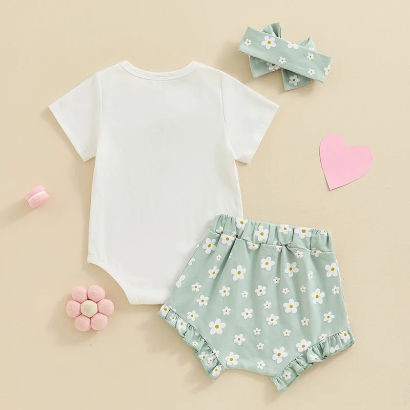 Baby Girls Outfit Short Sleeve Romper - Floral Shorts - Hairband Set Casual Clothes - Babies Mall