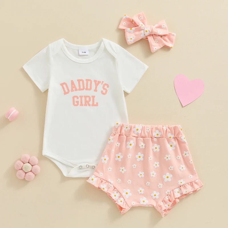 Baby Girls Outfit Short Sleeve Romper - Floral Shorts - Hairband Set Casual Clothes - Babies Mall