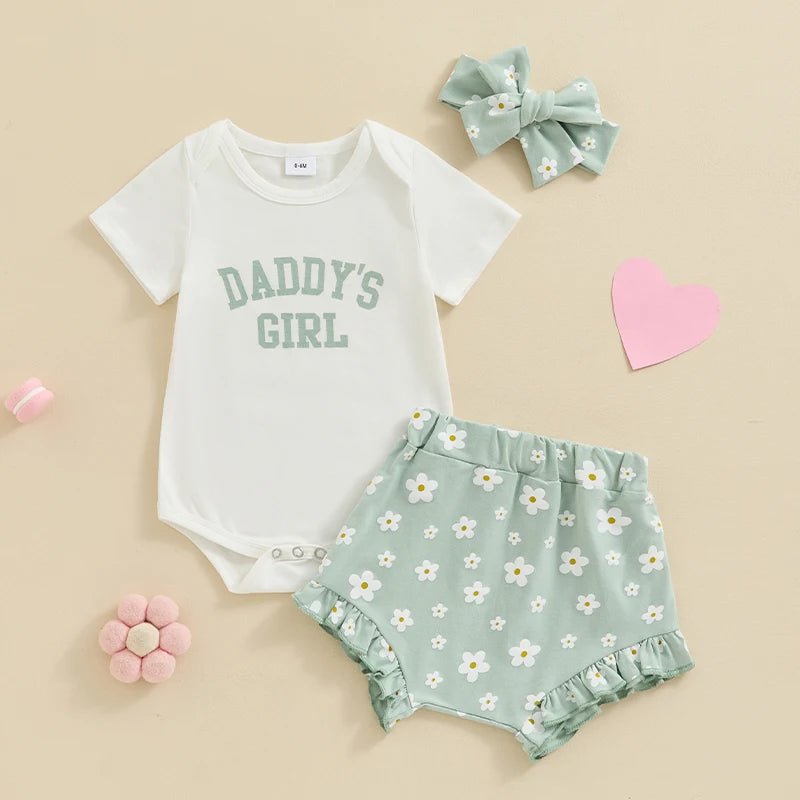 Baby Girls Outfit Short Sleeve Romper - Floral Shorts - Hairband Set Casual Clothes - Babies Mall