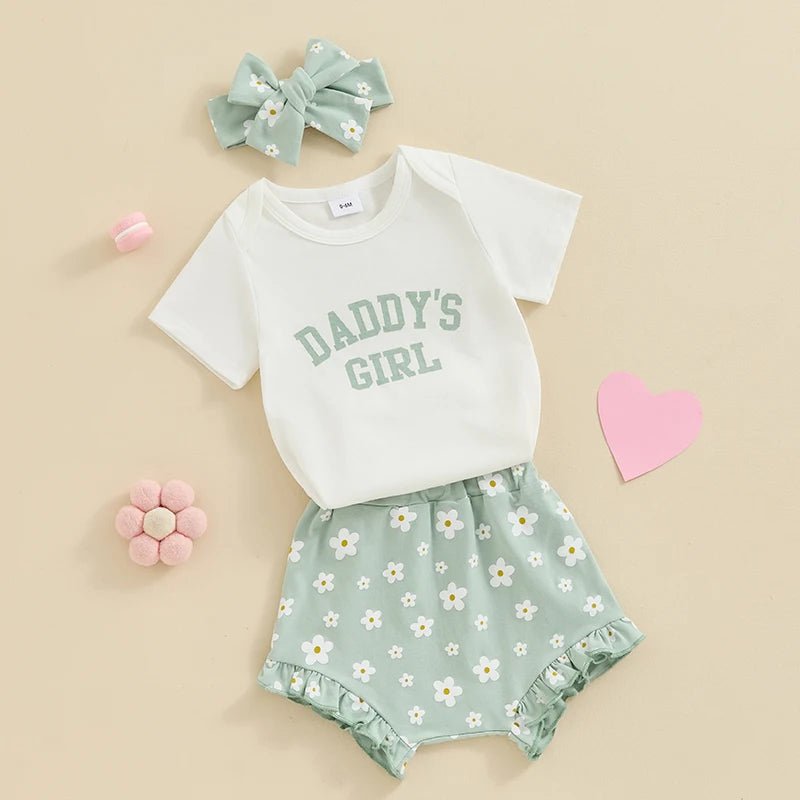 Baby Girls Outfit Short Sleeve Romper - Floral Shorts - Hairband Set Casual Clothes - Babies Mall