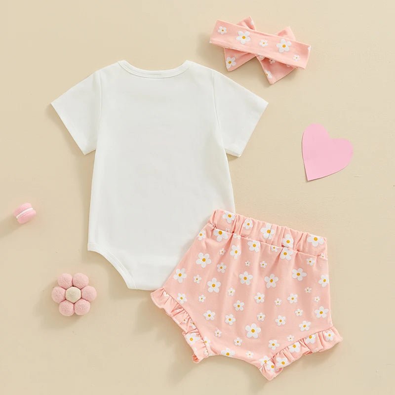 Baby Girls Outfit Short Sleeve Romper - Floral Shorts - Hairband Set Casual Clothes - Babies Mall