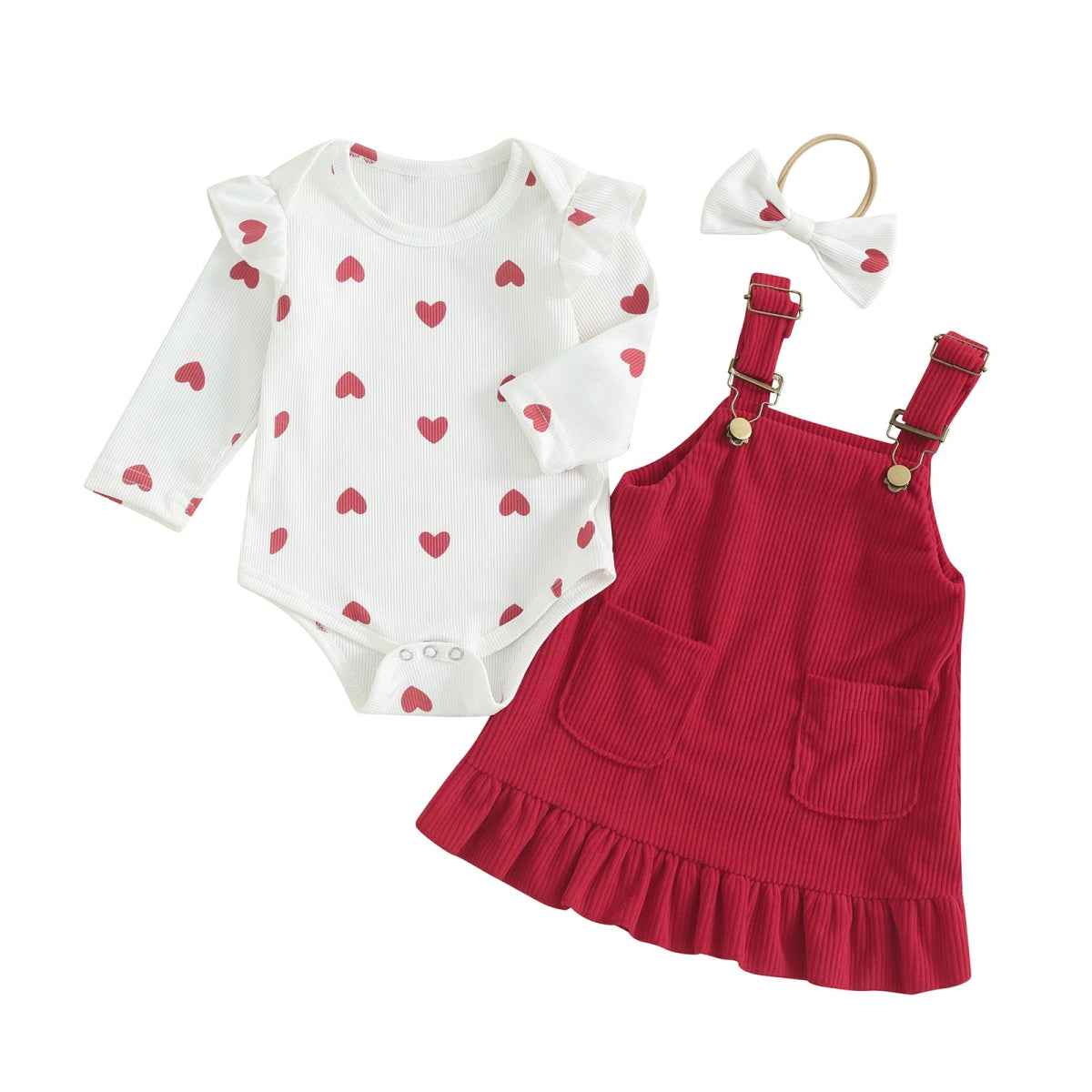 Baby Girls Outfits Heart Print Romper | Suspender Skirt | Headband Set - Babies Mall