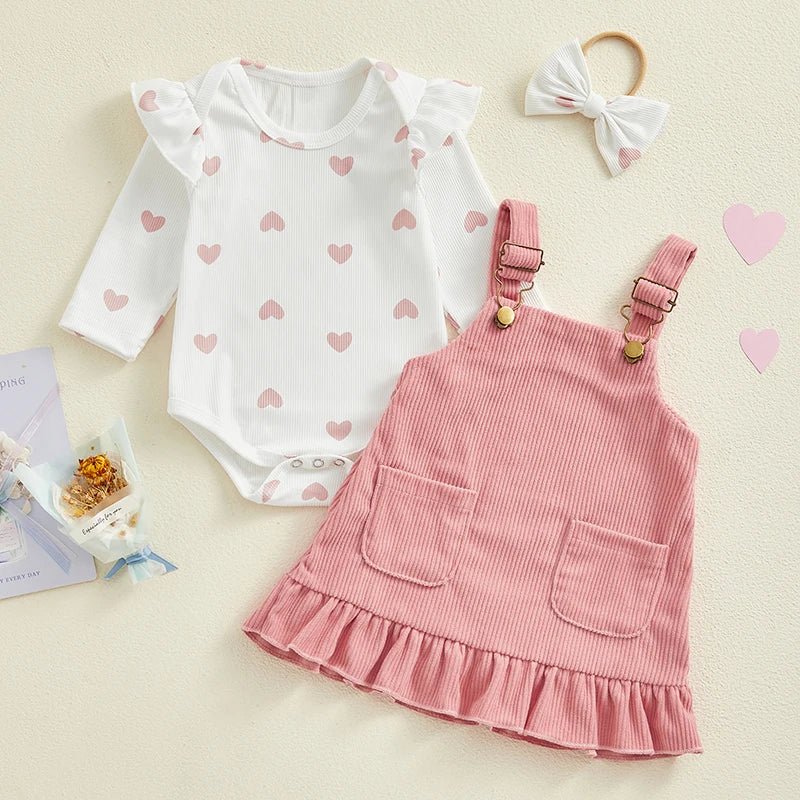 Baby Girls Outfits Heart Print Romper | Suspender Skirt | Headband Set - Babies Mall