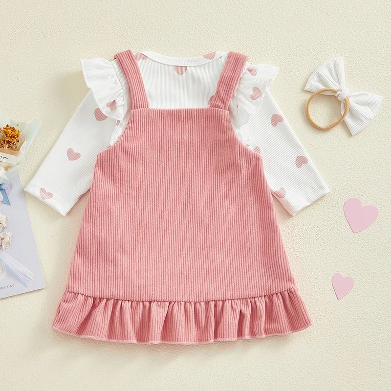 Baby Girls Outfits Heart Print Romper | Suspender Skirt | Headband Set - Babies Mall