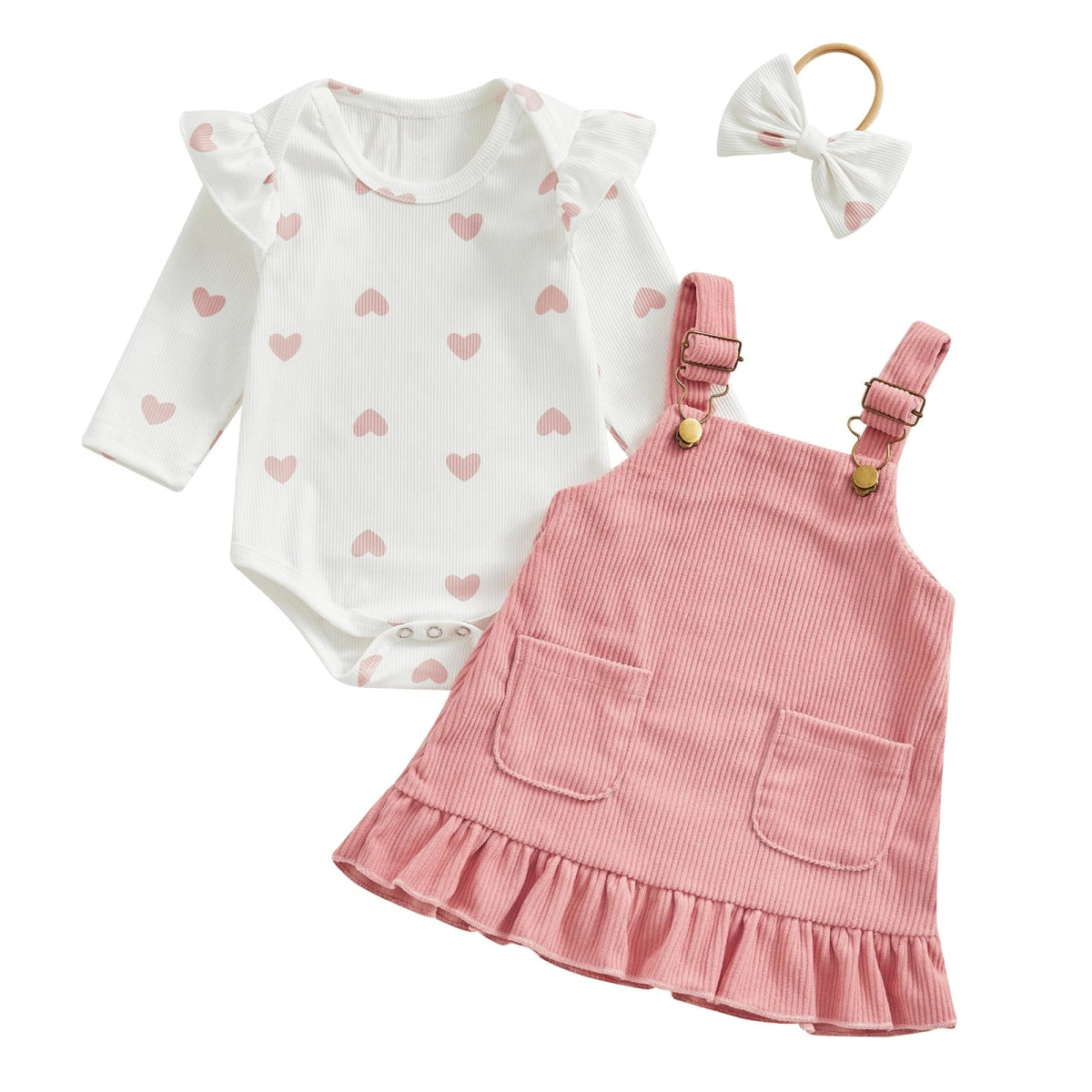 Baby Girls Outfits Heart Print Romper | Suspender Skirt | Headband Set - Babies Mall