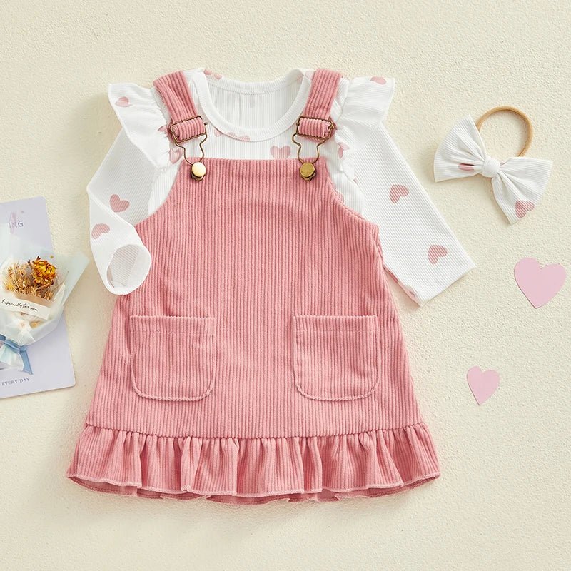 Baby Girls Outfits Heart Print Romper | Suspender Skirt | Headband Set - Babies Mall