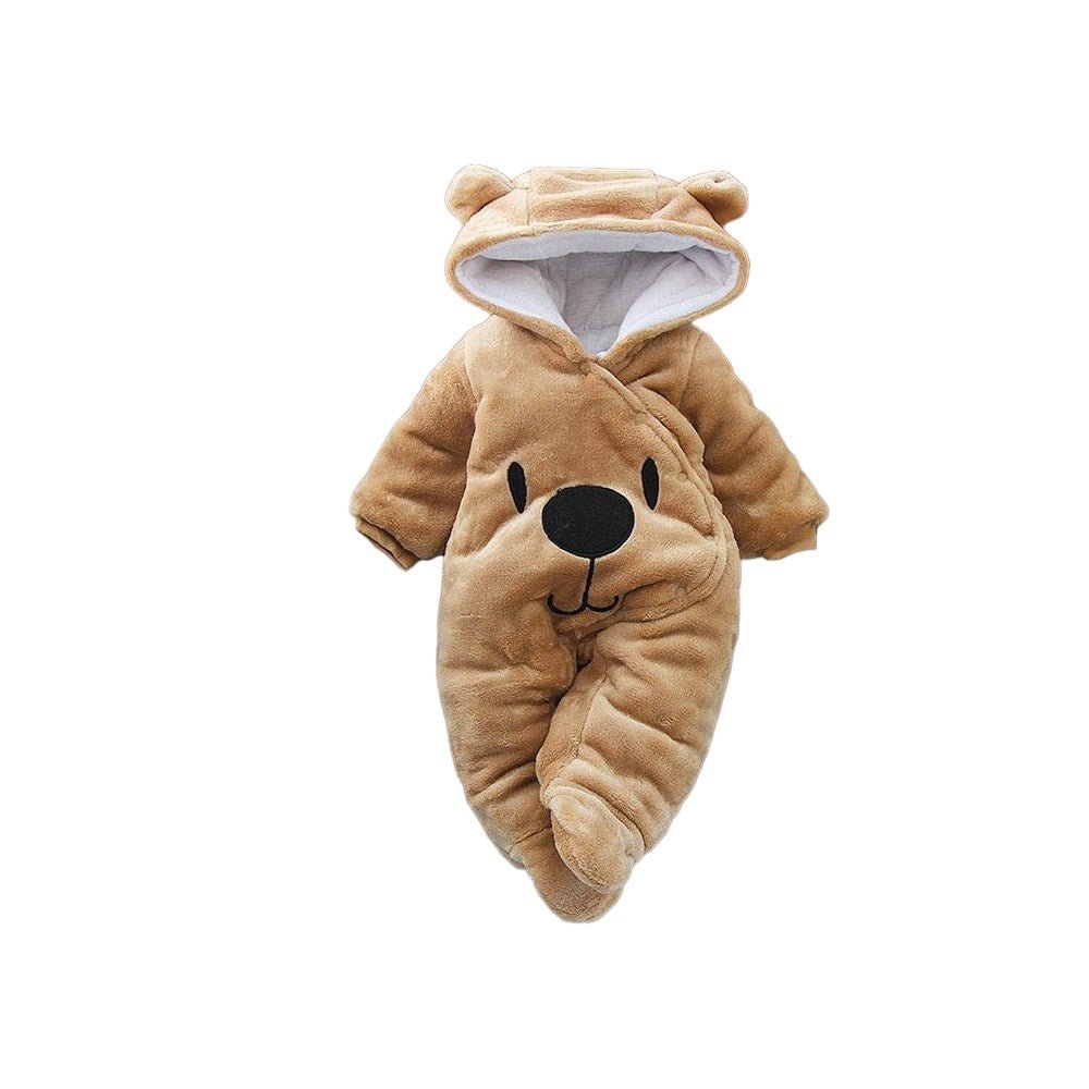 Baby Winter Hooded Romper, Plush, Warm, Button Closure - Babies Mall
