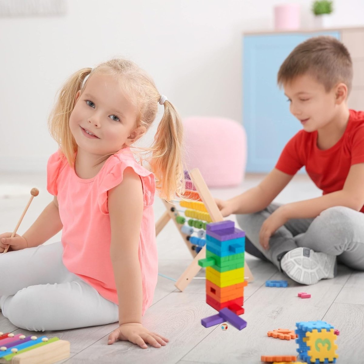 Colorful Wooden Stacking Game with Dice - 48 Blocks - Babies Mall