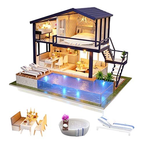 Creative Wooden Dollhouse with LED Lights, Furniture, and Pool - Babies Mall