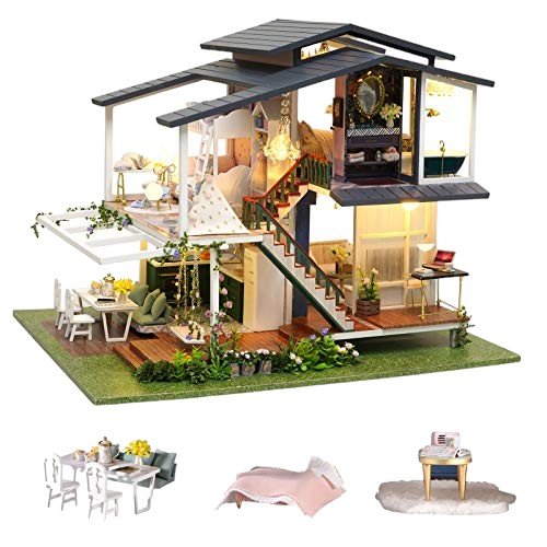 Creative Wooden Dollhouse with LED Lights, Furniture, and Pool - Babies Mall