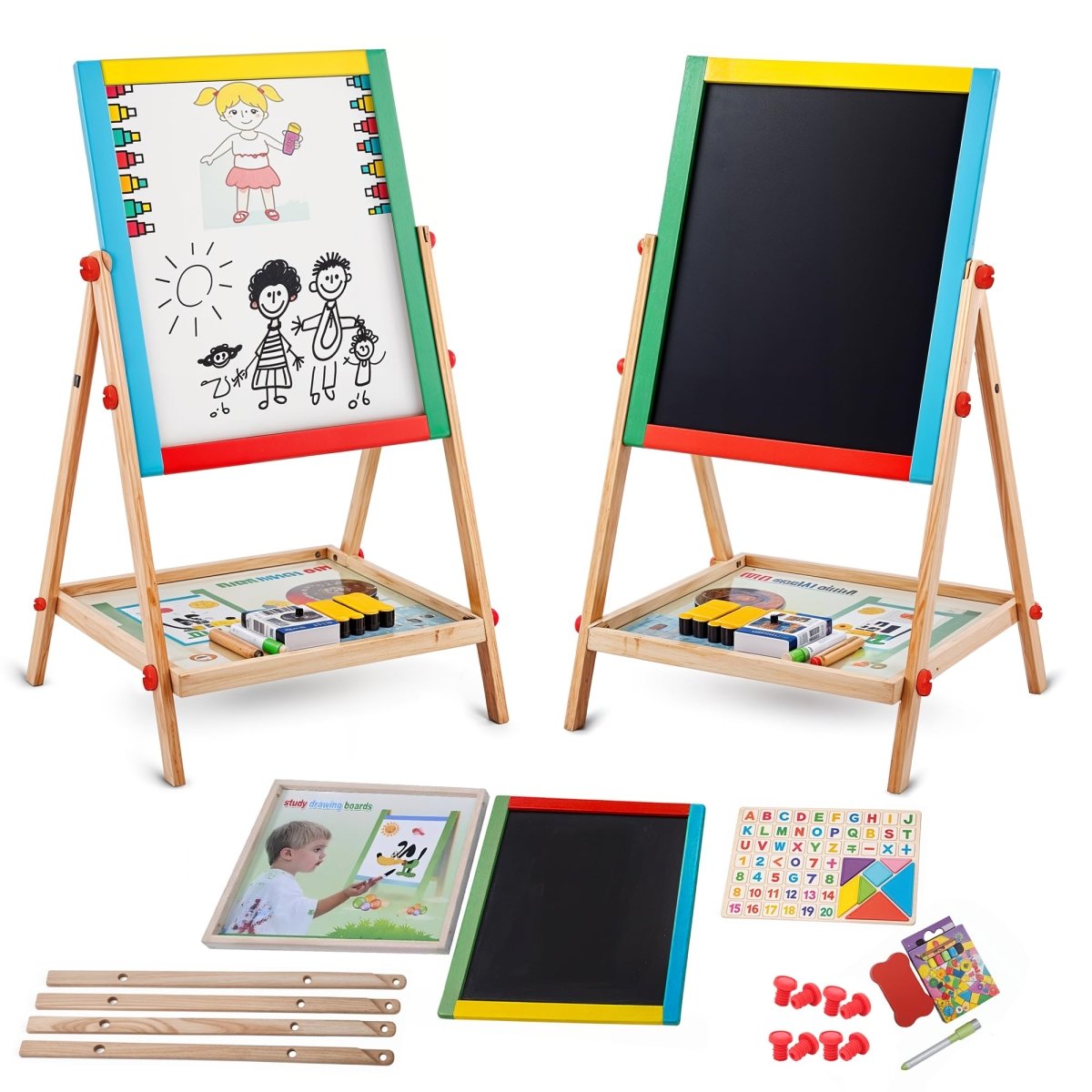 Double - Sided Wooden Kids Board with Tray, Adjustable Height - Babies Mall