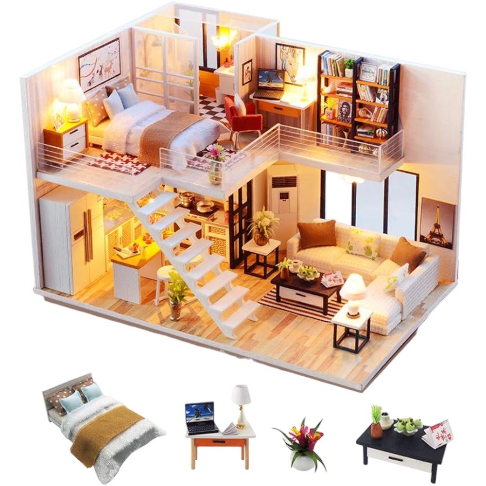 Elegant Miniature Wooden Dollhouse Kit with Furniture, LED Lights - Babies Mall
