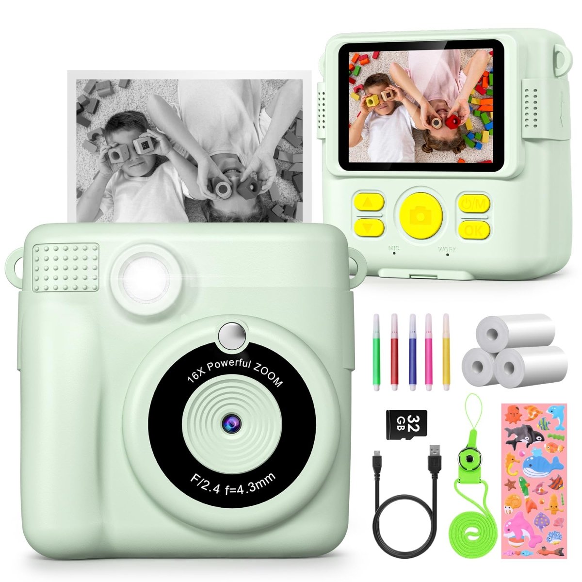 Instant Kids Camera with 2.4” Screen, 1080P, 32GB & Printing Paper - Babies Mall