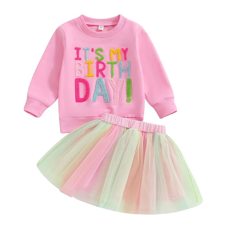 Kids Girls Outfit Long Sleeve Embroidery Letters Sweatshirt Tulle Skirt Birthday Clothes - Babies Mall