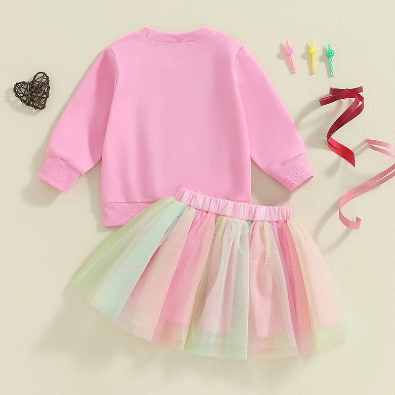 Kids Girls Outfit Long Sleeve Embroidery Letters Sweatshirt Tulle Skirt Birthday Clothes - Babies Mall
