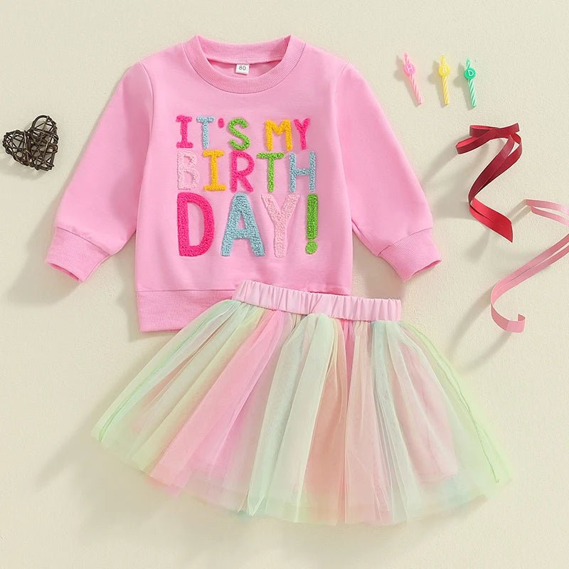 Kids Girls Outfit Long Sleeve Embroidery Letters Sweatshirt Tulle Skirt Birthday Clothes - Babies Mall