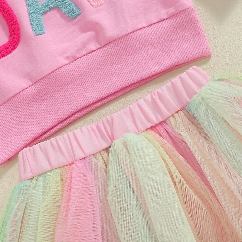 Kids Girls Outfit Long Sleeve Embroidery Letters Sweatshirt Tulle Skirt Birthday Clothes - Babies Mall