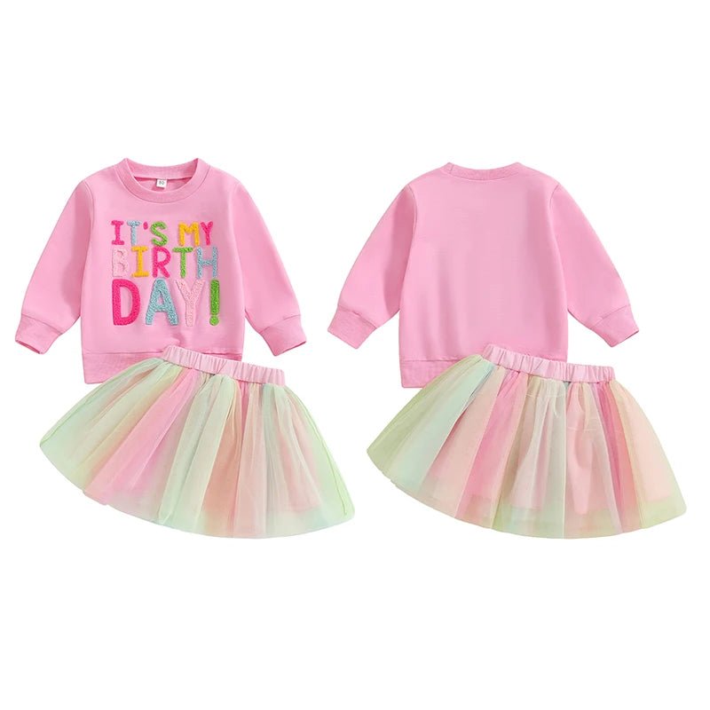 Kids Girls Outfit Long Sleeve Embroidery Letters Sweatshirt Tulle Skirt Birthday Clothes - Babies Mall