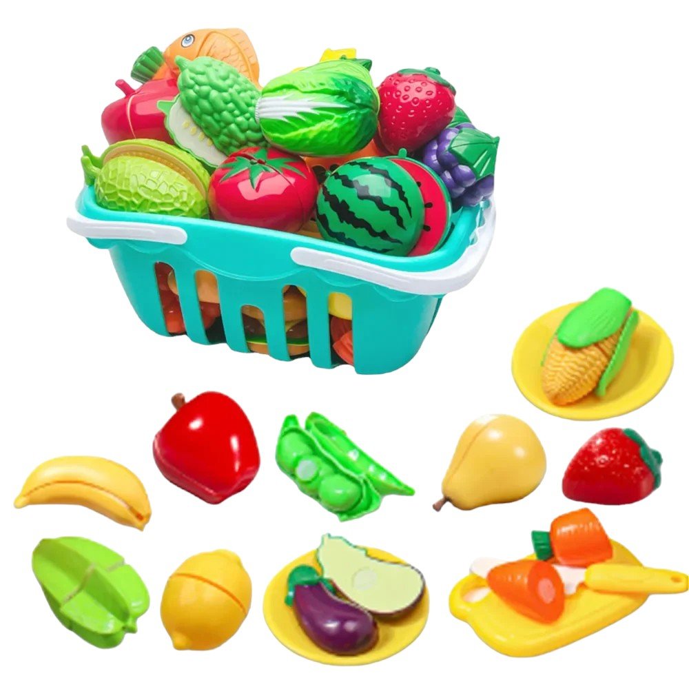 Kids Kitchen Playset - Fruit & Veggie Cutting Toy with Basket - Babies Mall