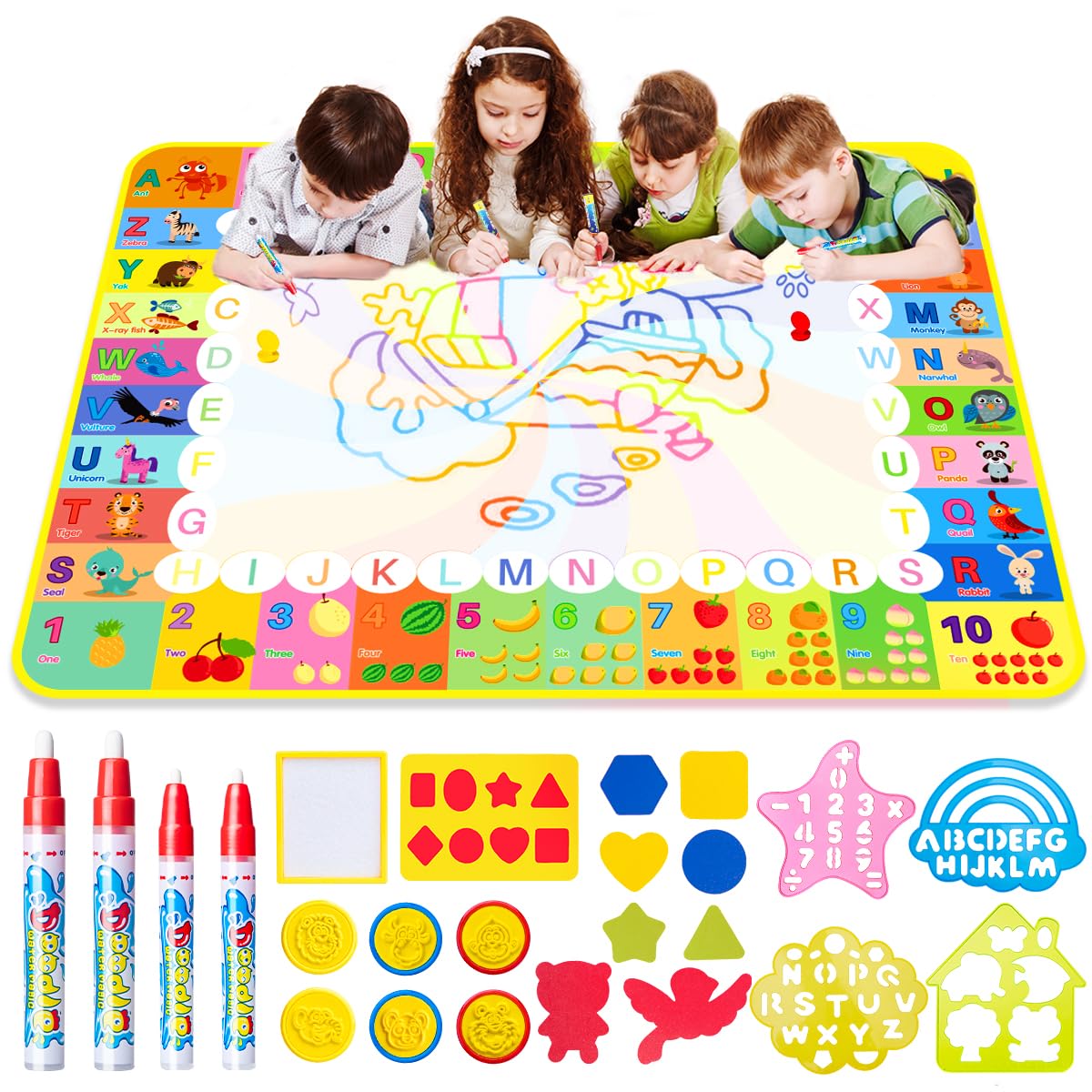 Magic Water Drawing Mat 32.7x20.5in. with 20 Accessories, Stamps, Pens - Babies Mall