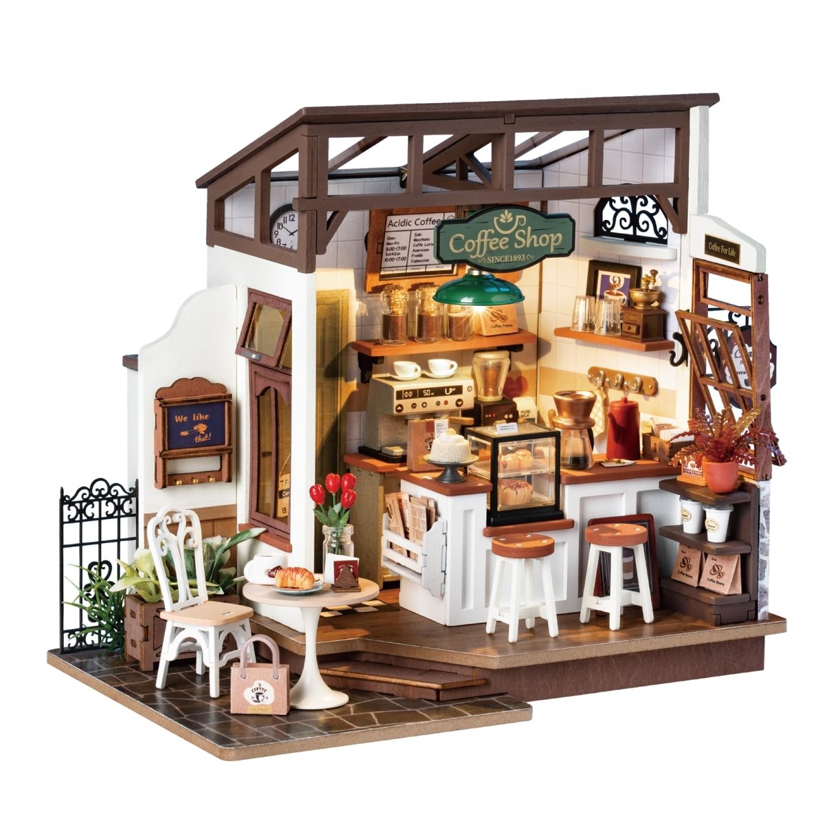 Miniature Wooden Cafe Kit with Lights, Furniture and Accessories - Babies Mall