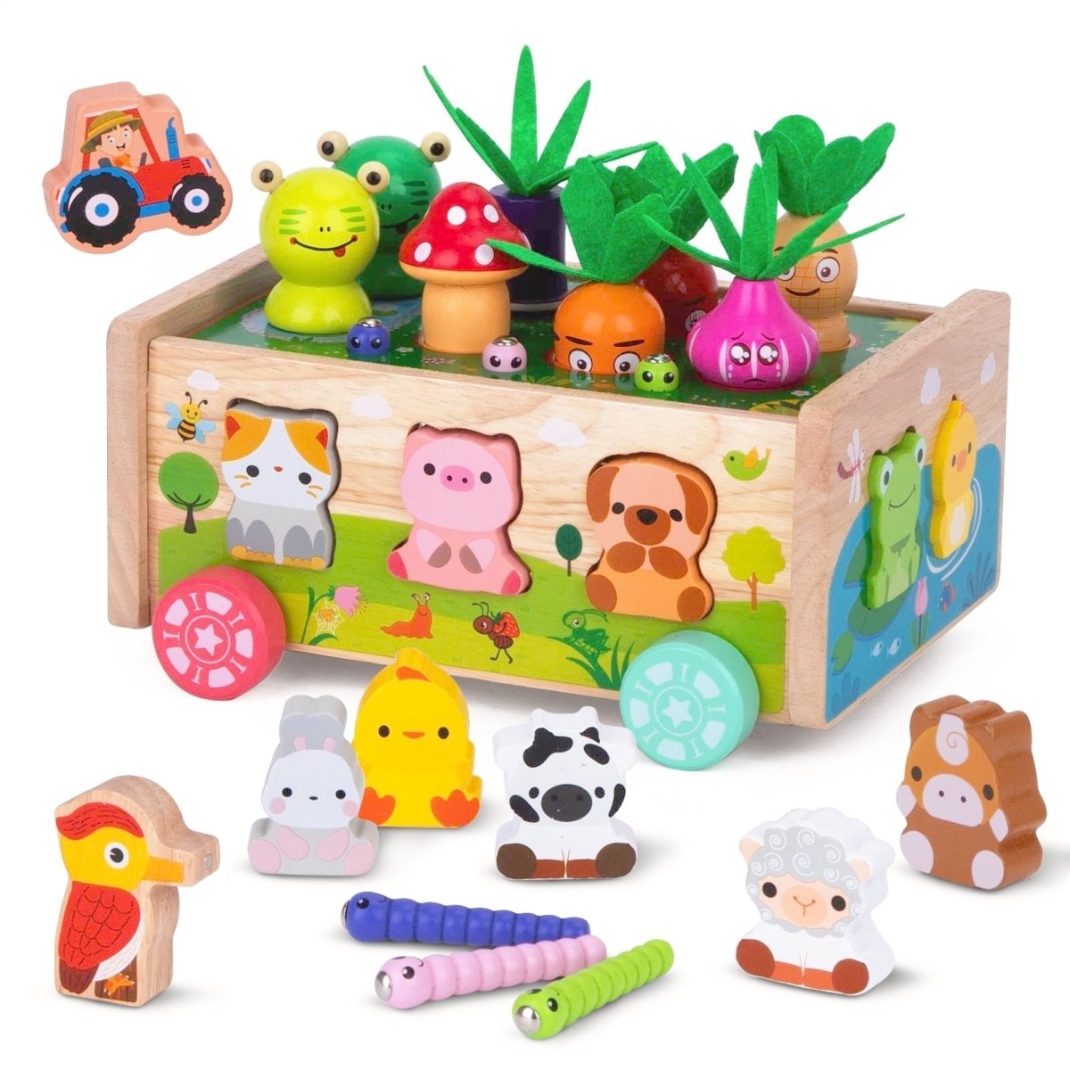 Montessori Wooden Carrot Toy, Sorting Game with Animals & Storage Box - Babies Mall