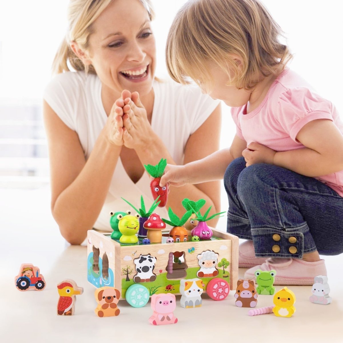 Montessori Wooden Carrot Toy, Sorting Game with Animals & Storage Box - Babies Mall