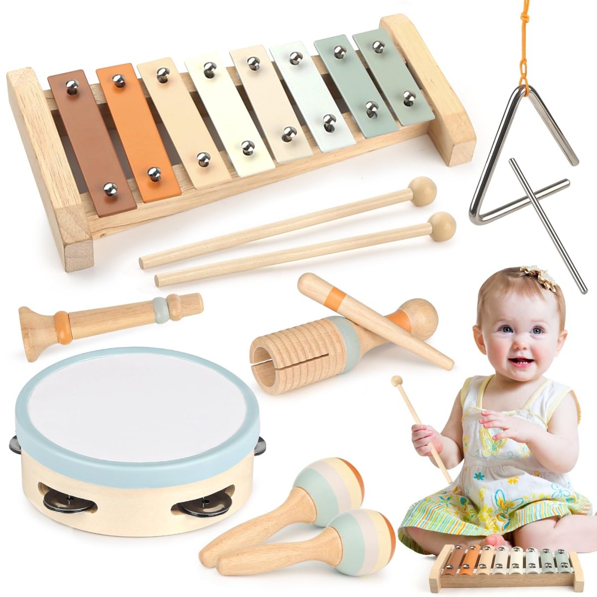 Montessori Wooden Music Set with Drum, Xylophone, Maracas for Kids - Babies Mall