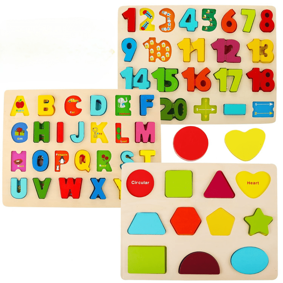 Montessori Wooden Puzzle Set with Letters, Shapes and Numbers Boards - Babies Mall