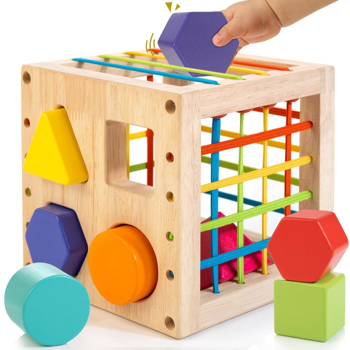 Montessori Wooden Shape Sorter Cube with 8 Textured Blocks for Toddlers - Babies Mall
