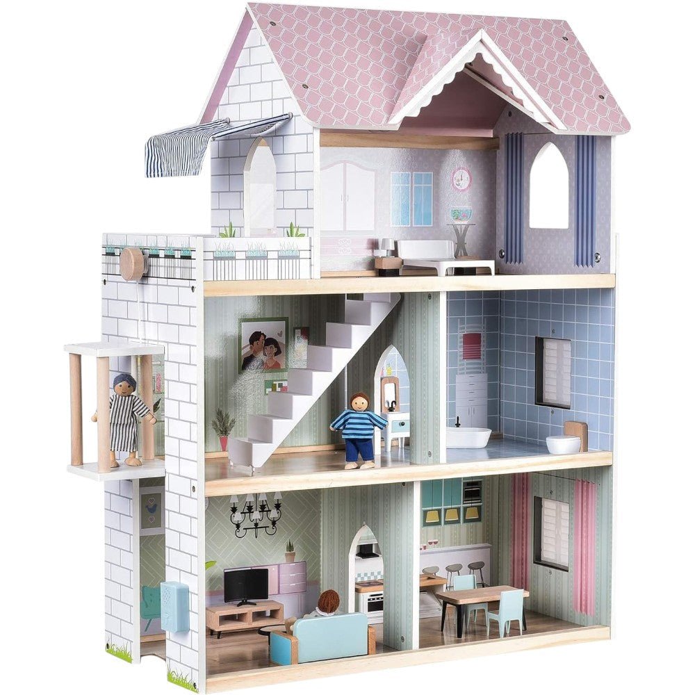 Pink/White Wooden Dollhouse Set with Elevator, Furniture & Dolls - Babies Mall