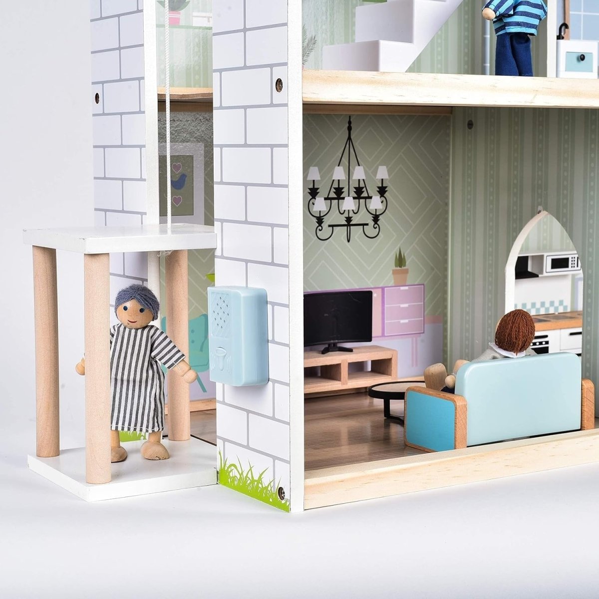 Pink/White Wooden Dollhouse Set with Elevator, Furniture & Dolls - Babies Mall