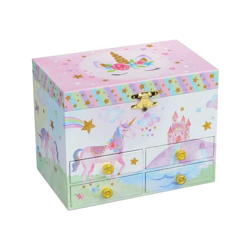 Rainbow Musical Jewelry Box with 4 Drawers and Spinning Unicorn - Babies Mall