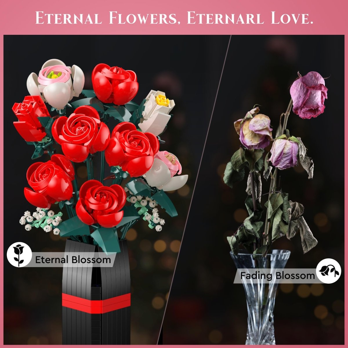Rose Bouquet Building Kit, 841 PCS DIY Floral Display with Vase - Babies Mall