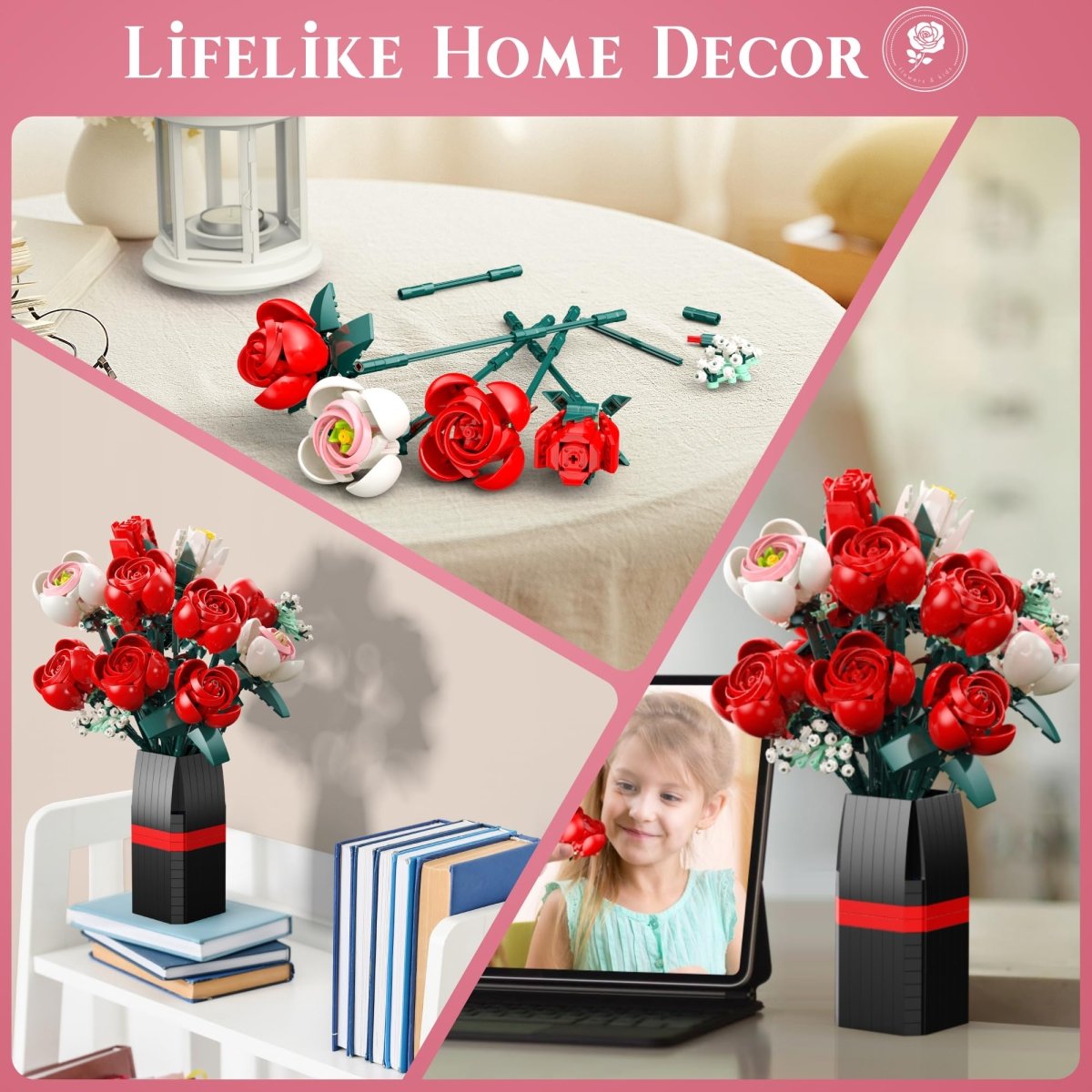 Rose Bouquet Building Kit, 841 PCS DIY Floral Display with Vase - Babies Mall