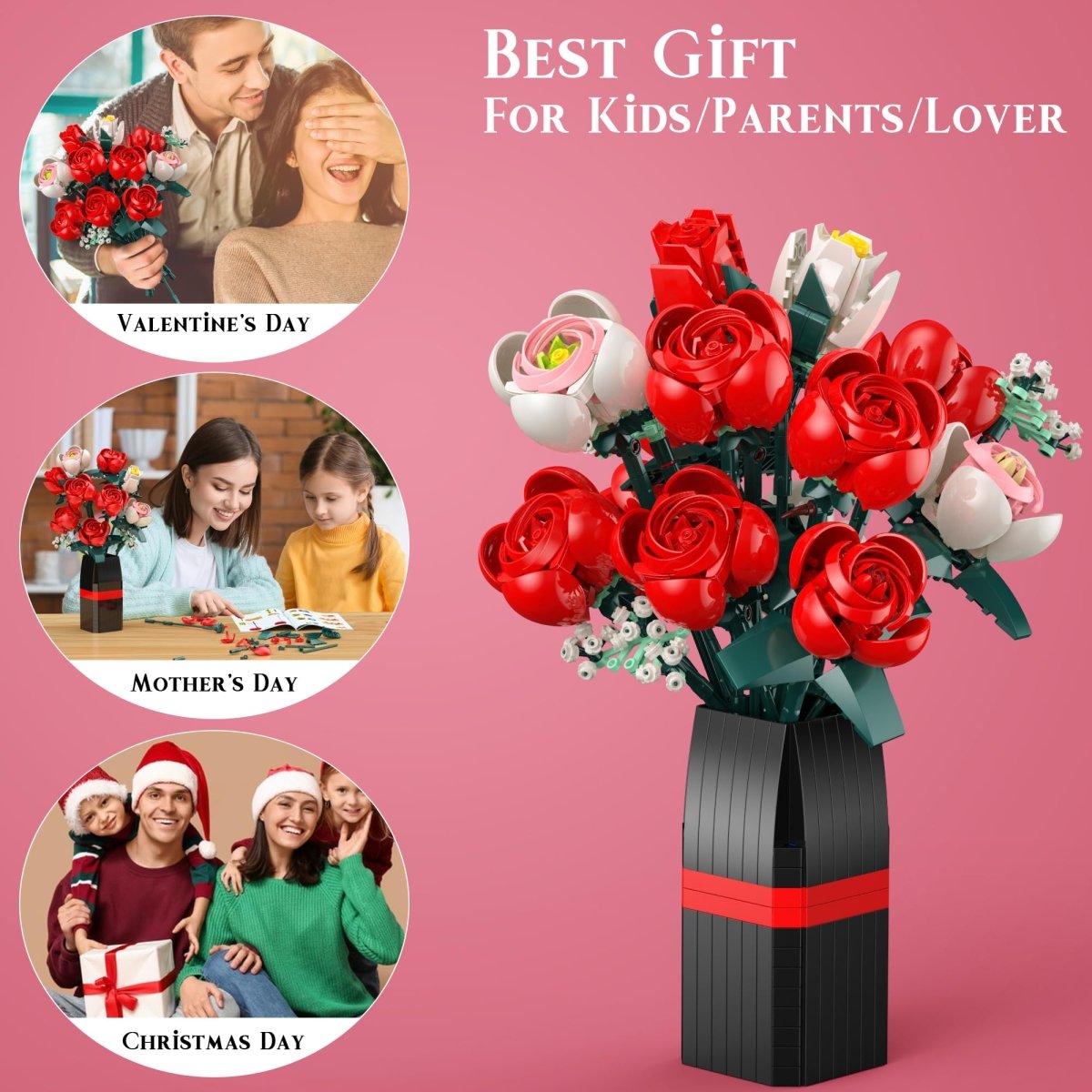 Rose Bouquet Building Kit, 841 PCS DIY Floral Display with Vase - Babies Mall