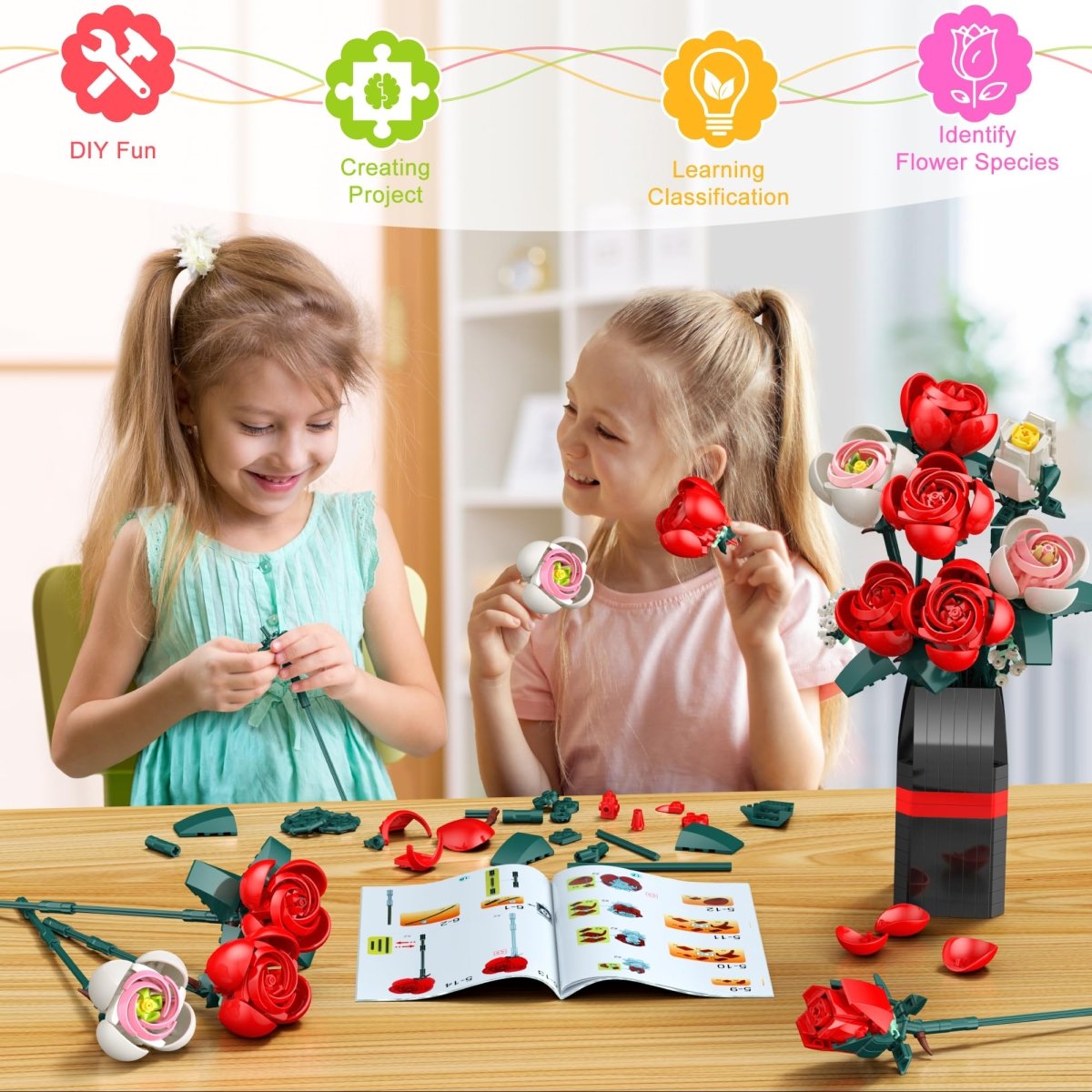 Rose Bouquet Building Kit, 841 PCS DIY Floral Display with Vase - Babies Mall