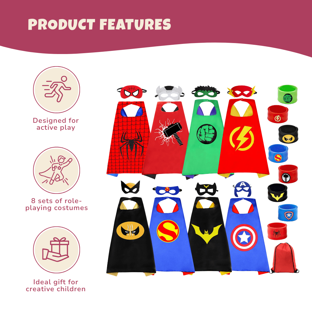 Set of 8 Superhero Capes and Matching Masks for Kids - Babies Mall