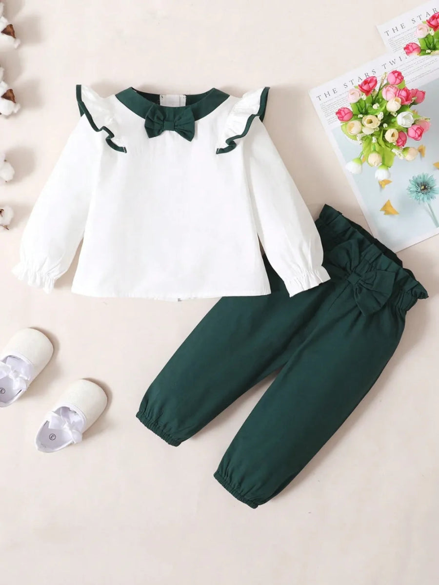 Toddler two - piece cotton outfit with bow and ruffles - Babies Mall