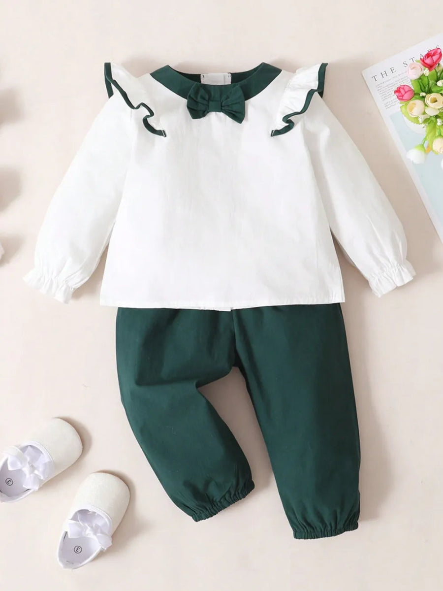 Toddler two - piece cotton outfit with bow and ruffles - Babies Mall
