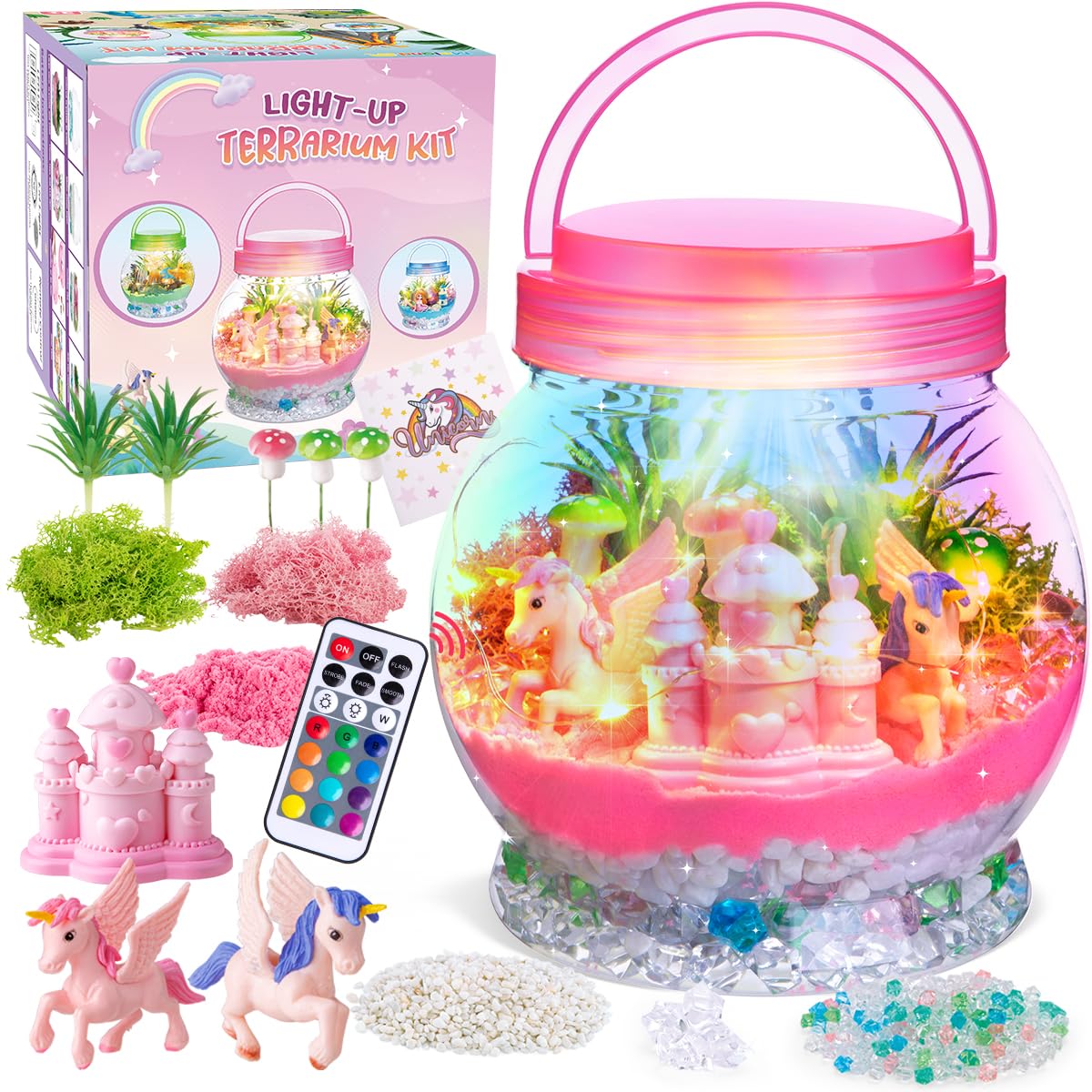 Unicorn Terrarium Craft Lights, Sand, Stickers, Castle & Moss Decor - Babies Mall