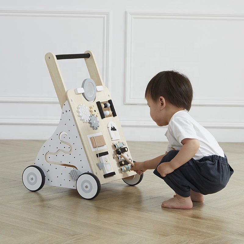 Wooden Baby Walker with Activity Board and Adjustable Wheel Resistance - Babies Mall