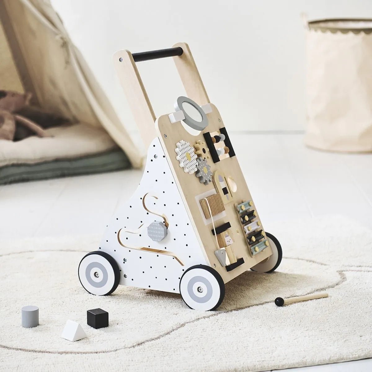 Wooden Baby Walker with Activity Board and Adjustable Wheel Resistance - Babies Mall