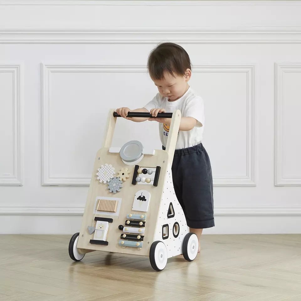 Wooden Baby Walker with Activity Board and Adjustable Wheel Resistance - Babies Mall
