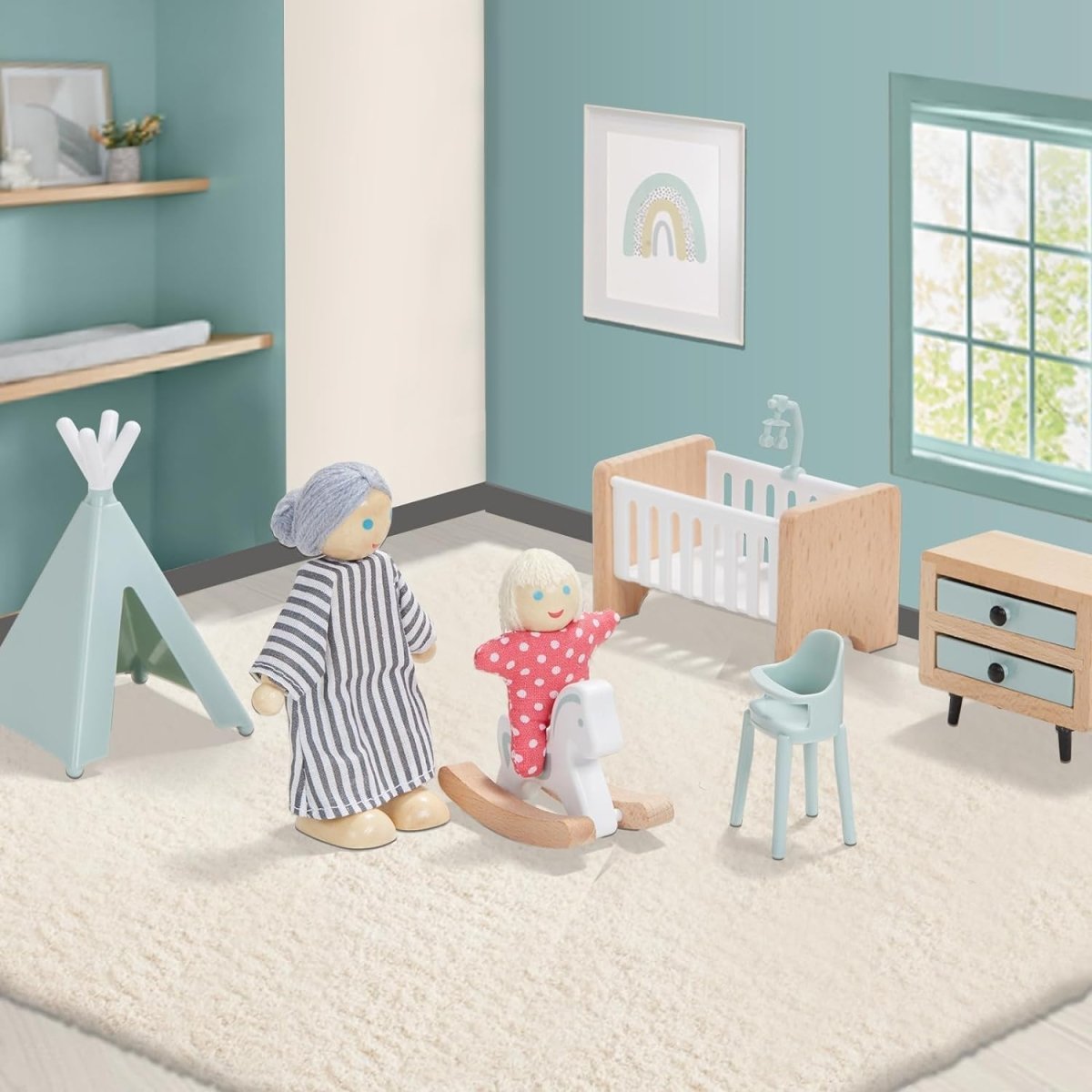 Wooden Dollhouse Furniture Set, 36pcs with 4 Dolls & Working Parts - Babies Mall