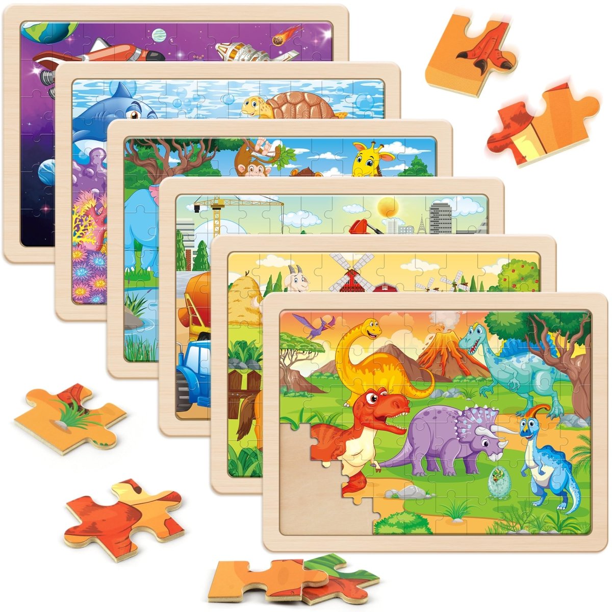 Wooden Jigsaw Puzzles for Kids 6 Themes Design, 60 Pieces Each - Babies Mall