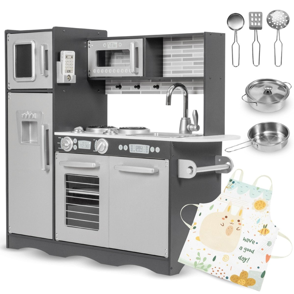 Wooden Kids Kitchen with LED, Microwave, Fridge, Accessories and Oven - Babies Mall