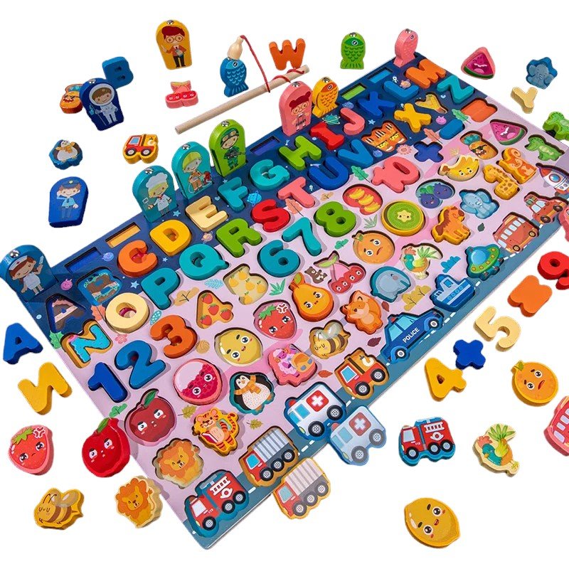 Wooden Sorting Puzzle with Magnetic Fishing, Board, Letters & Numbers - Babies Mall