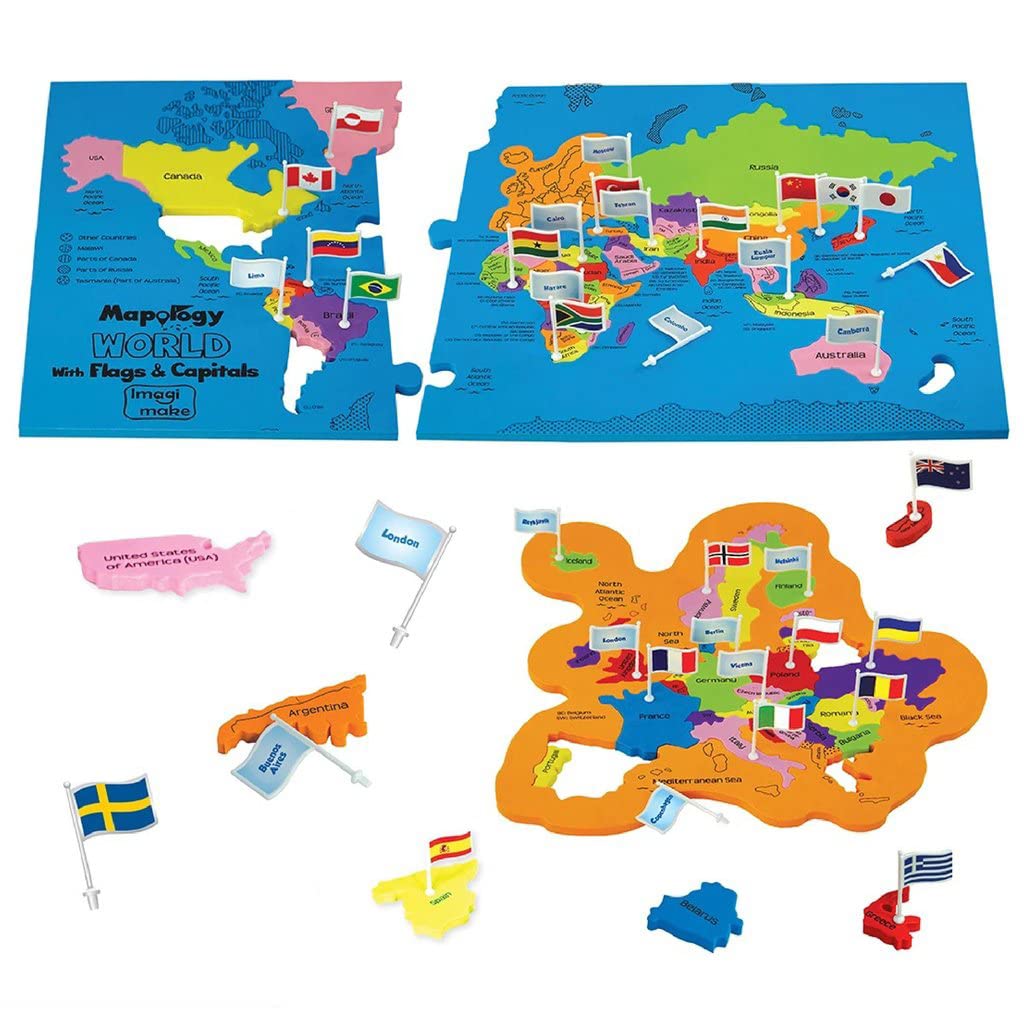 World Map Puzzle for Kids 75 Pieces, Flags, Capitals & Frames - Babies Mall
